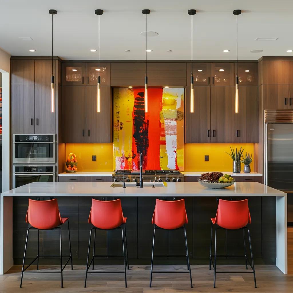 a modern kitchen showcases an open layout with vibrant splashes of color on sleek cabinets and stylish accents, creating a striking and inviting culinary space.