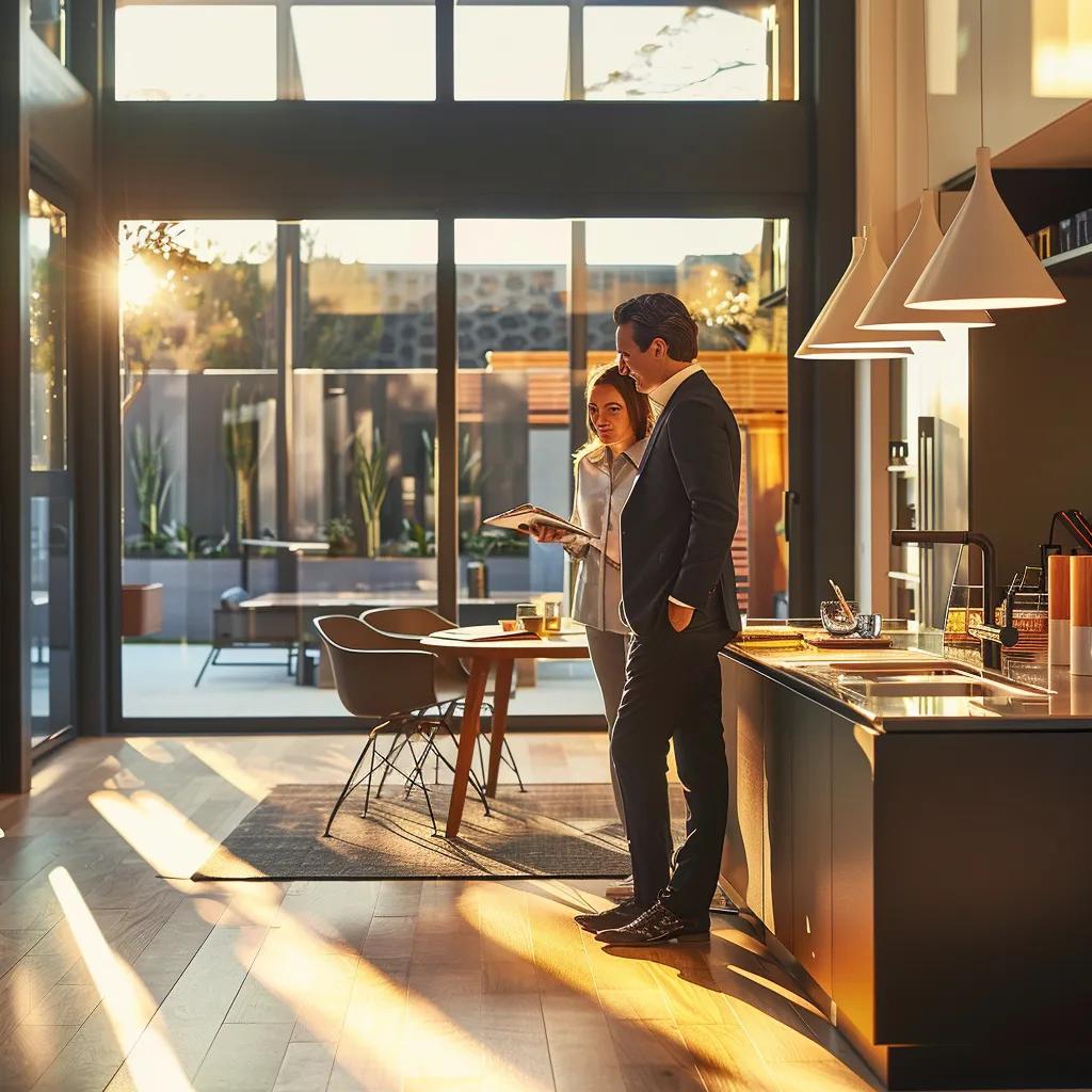 a sleek, modern kitchen filled with sophisticated design elements showcases a confident client discussing renovation plans with a polished kitchen designer, surrounded by vibrant color samples and stylish materials in a well-lit, contemporary office environment.