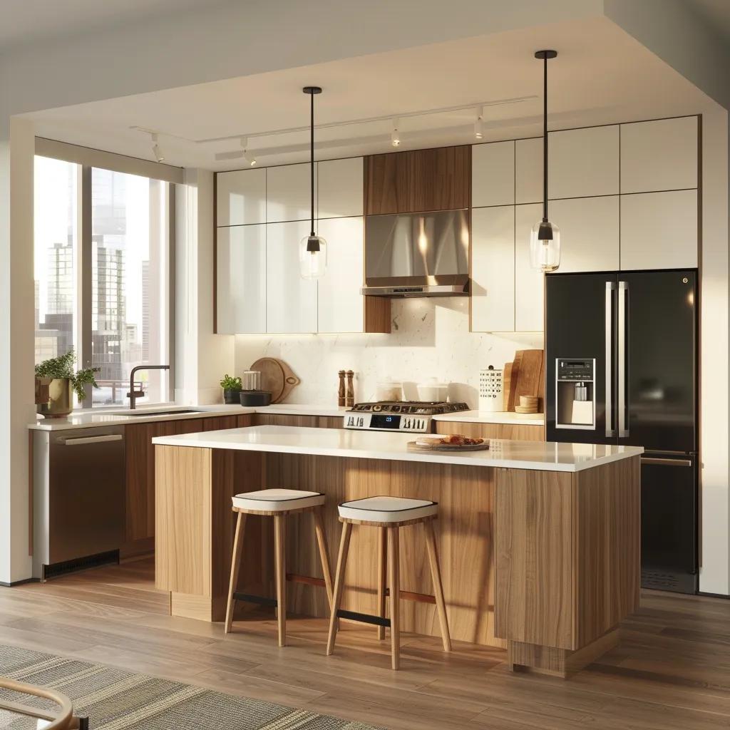 a stylish, modern kitchen layout showcases innovative space-saving designs and sleek cabinetry, expertly arranged in a compact urban environment, emphasizing functionality and efficiency in every corner.
